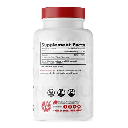 Metabolic Nutrition Magnesium, 650mg per Serving, Non-GMO, Vegan, Gluten Free Metabolic NutritionBuy Supplements Australia