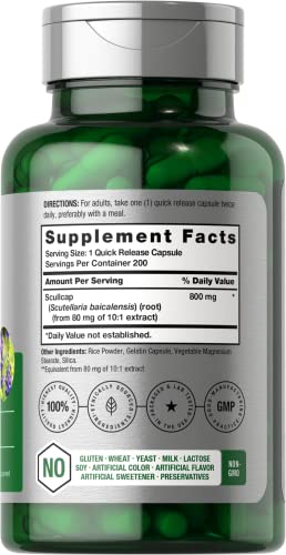 Scullcap Capsules | 800 mg | 200 Count | Max Potency, Value Size | Non-GMO and Gluten HorbäachBuy Supplements Australia