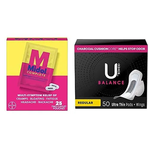 Midol Woman-on-The-Go Period Essentials Complete On The Go Menstrual Pain Relief Caplets, 50ct (25 Pouches of 2) & U by Kotex Balance Ultra Thin Pads Regular Absorbency 50ct MidolBuy Supplements Australia