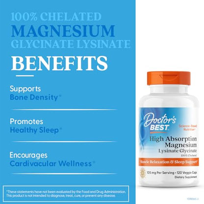 Doctor's Best High Absorption Magnesium Glycinate Lysinate Supplement for Sleep Support - Chelated Magnesium Capsules for Women & Men, 105 mg per Serving, Calm Support, Vegan - 120 Veg Caps Doctor's BESTBuy Supplements Australia