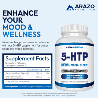 5-HTP 200 MG Per Serving Plus Calcium for Mood, Sleep – Supports Calm and Relaxed Mood – 99% High Purity – 120 Capsules – Arazo Nutrition - Maple Wellness Supplements