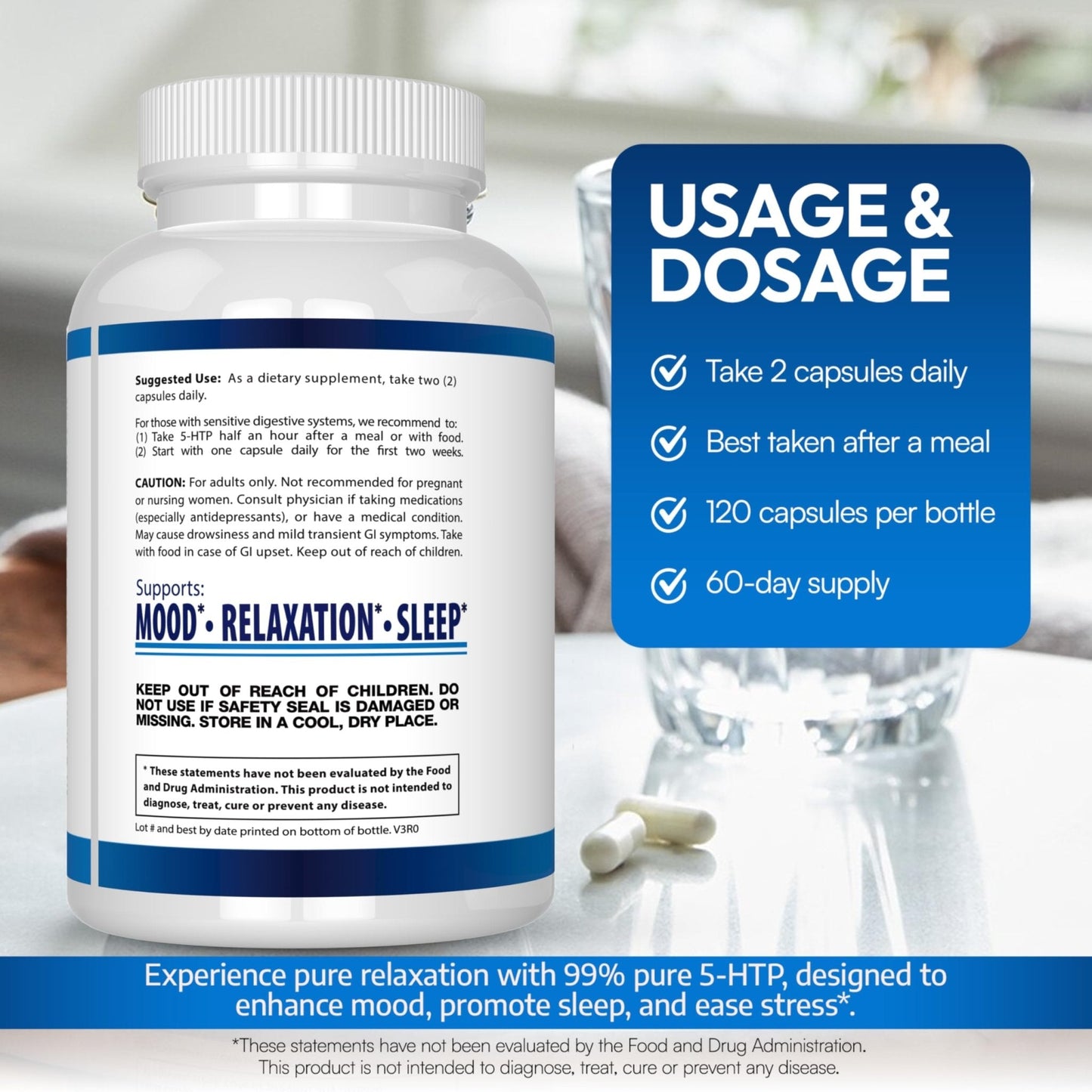 5-HTP 200 MG Per Serving Plus Calcium for Mood, Sleep – Supports Calm and Relaxed Mood – 99% High Purity – 120 Capsules – Arazo Nutrition - Maple Wellness Supplements