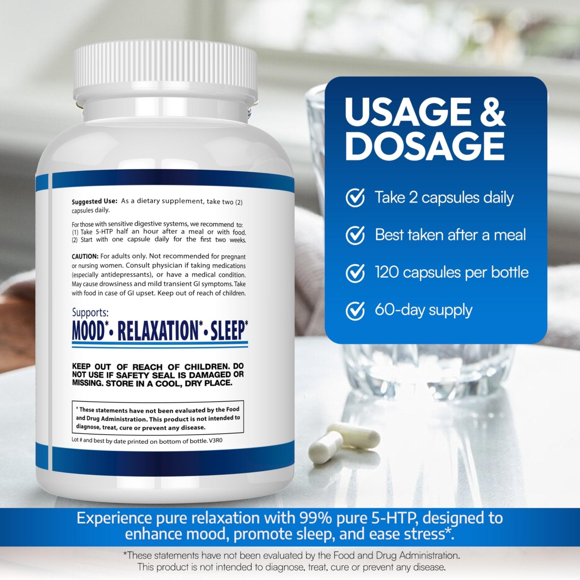 5-HTP 200 MG Per Serving Plus Calcium for Mood, Sleep – Supports Calm and Relaxed Mood – 99% High Purity – 120 Capsules – Arazo Nutrition - Maple Wellness Supplements