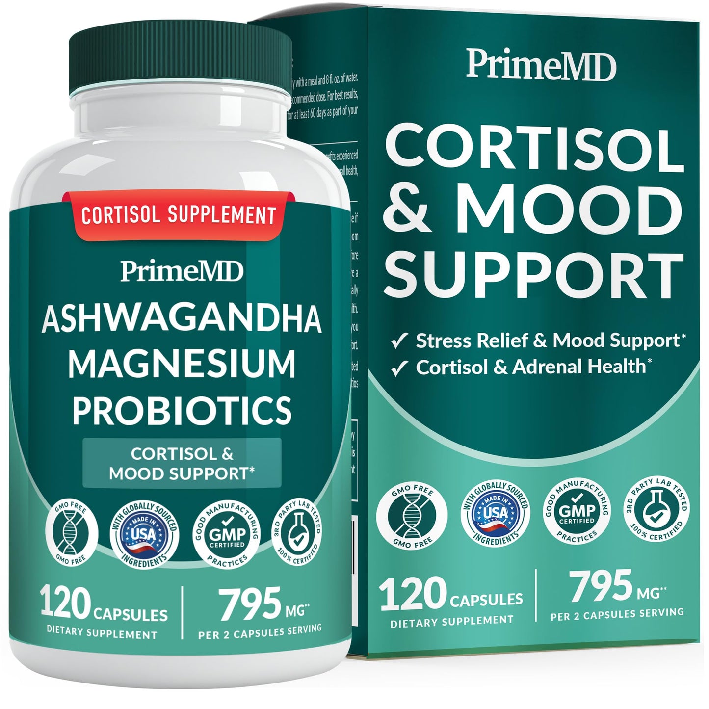 5-in-1 Cortisol Supplement for Women and Men with Ashwagandha for Calmness, Focus, and Adrenal Support Supplements with Shilajit Extract, Magnesium Glycinate, Probiotics (120 ct) (Pack of 1) - Maple Wellness Supplements