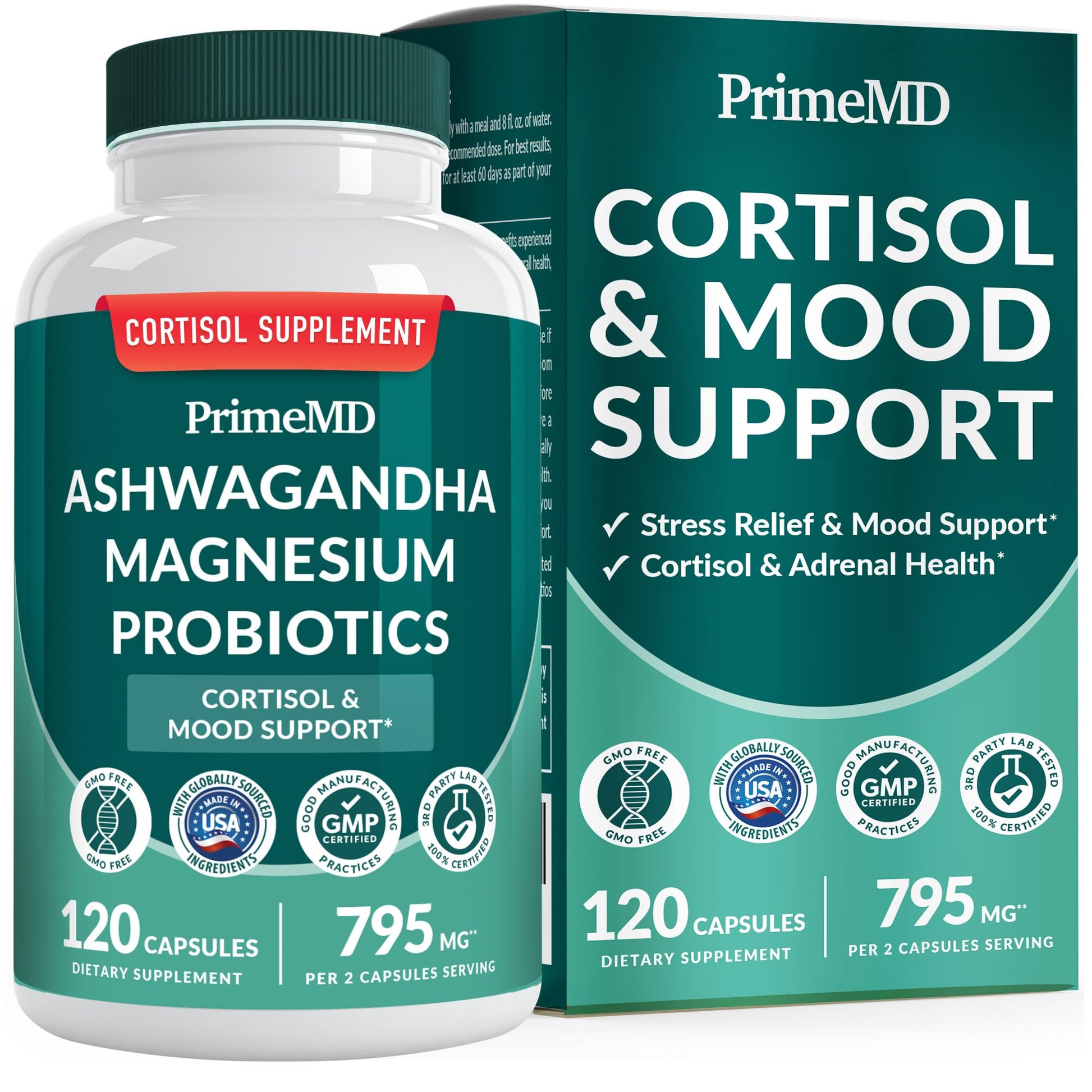 5-in-1 Cortisol Supplement for Women and Men with Ashwagandha for Calmness, Focus, and Adrenal Support Supplements with Shilajit Extract, Magnesium Glycinate, Probiotics (120 ct) (Pack of 1) - Maple Wellness Supplements