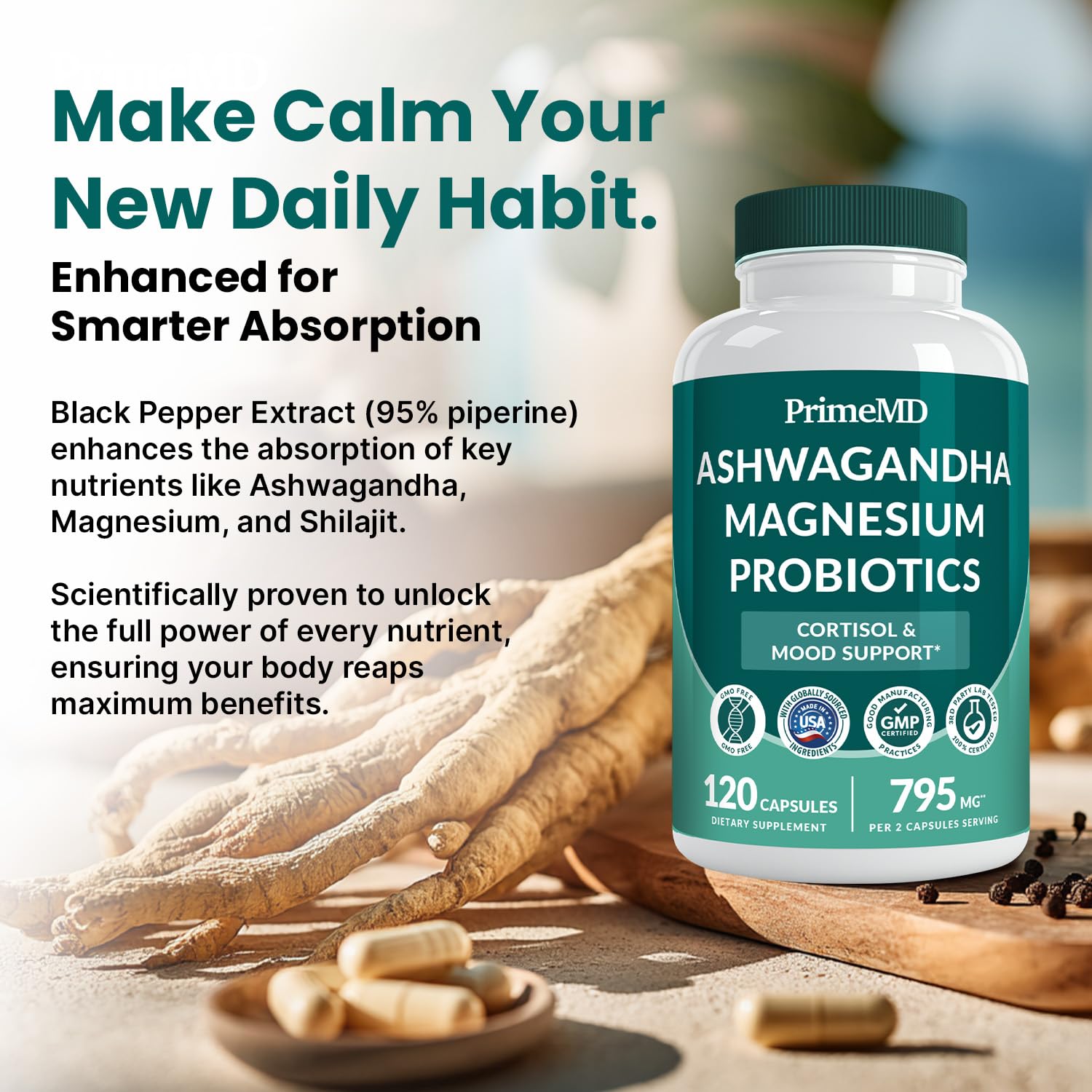 5-in-1 Cortisol Supplement for Women and Men with Ashwagandha for Calmness, Focus, and Adrenal Support Supplements with Shilajit Extract, Magnesium Glycinate, Probiotics (120 ct) (Pack of 1) - Maple Wellness Supplements