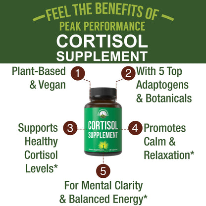 5-in-1 Cortisol Supplement for Women & Men. Lower High Cortisol with Ashwagandha, Rhodiola Rosea, L-Theanine, Phosphatidylserine, Magnolia Bark. Calm Relaxation, Balanced Energy, Vegan Supplements - Maple Wellness Supplements