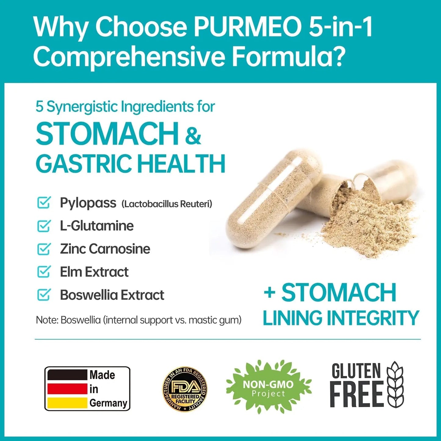 5-in-1 High Potency H. Pylori Probiotic, 1 Per Day - Supports Gastric Lining Integrity, Occasional Indigestion, Acid Comfort - Pylopass Lactobacillus Reuteri, Gluten Free, Vegan, 30ct, Made in Germany - Maple Wellness Supplements