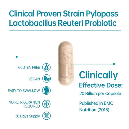 5-in-1 High Potency H. Pylori Probiotic, 1 Per Day - Supports Gastric Lining Integrity, Occasional Indigestion, Acid Comfort - Pylopass Lactobacillus Reuteri, Gluten Free, Vegan, 30ct, Made in Germany - Maple Wellness Supplements