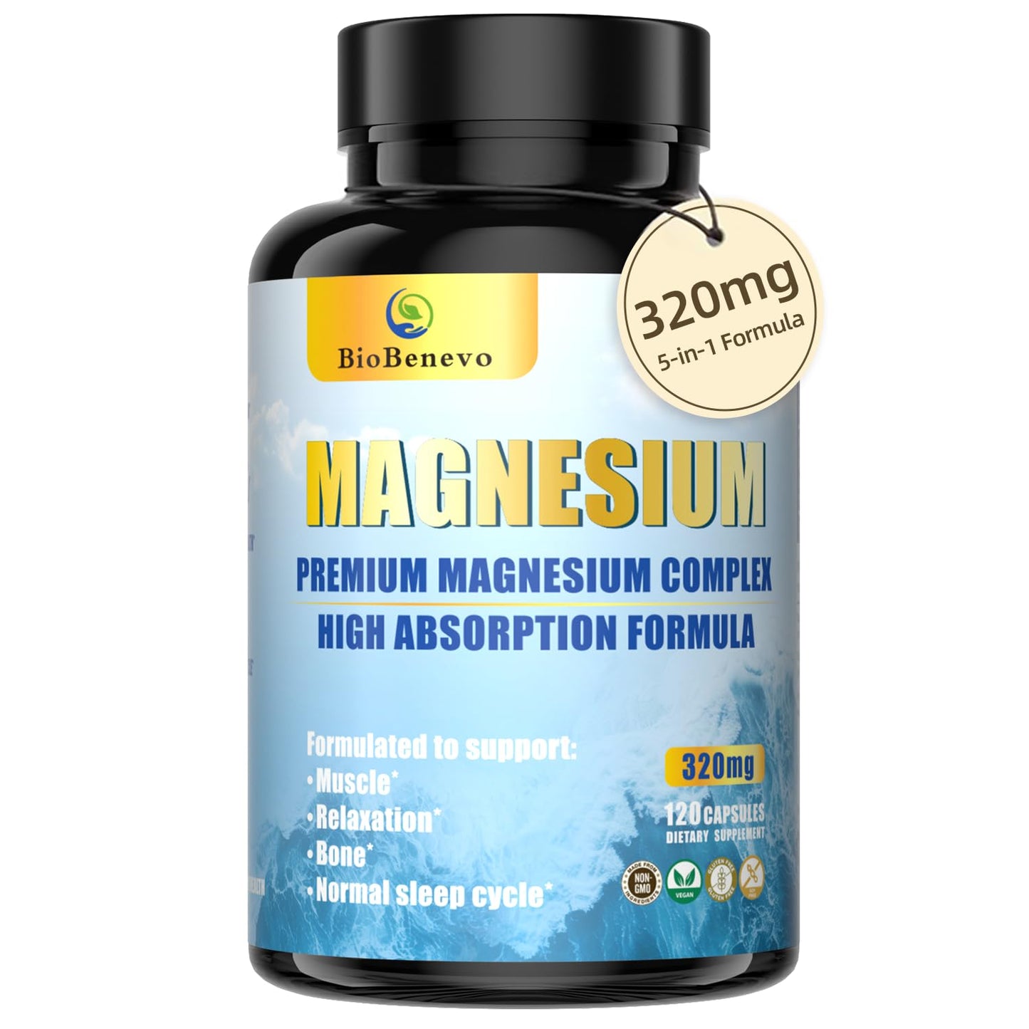 5-in-1 Magnesium Complex | 320mg of Magnesium Glycinate, Malate, Citrate… | Support for Sleep, Muscle Relaxation, and Energy Metabolism | High Absorption | Vegan, Non-GMO | 120 Capsules - Maple Wellness Supplements