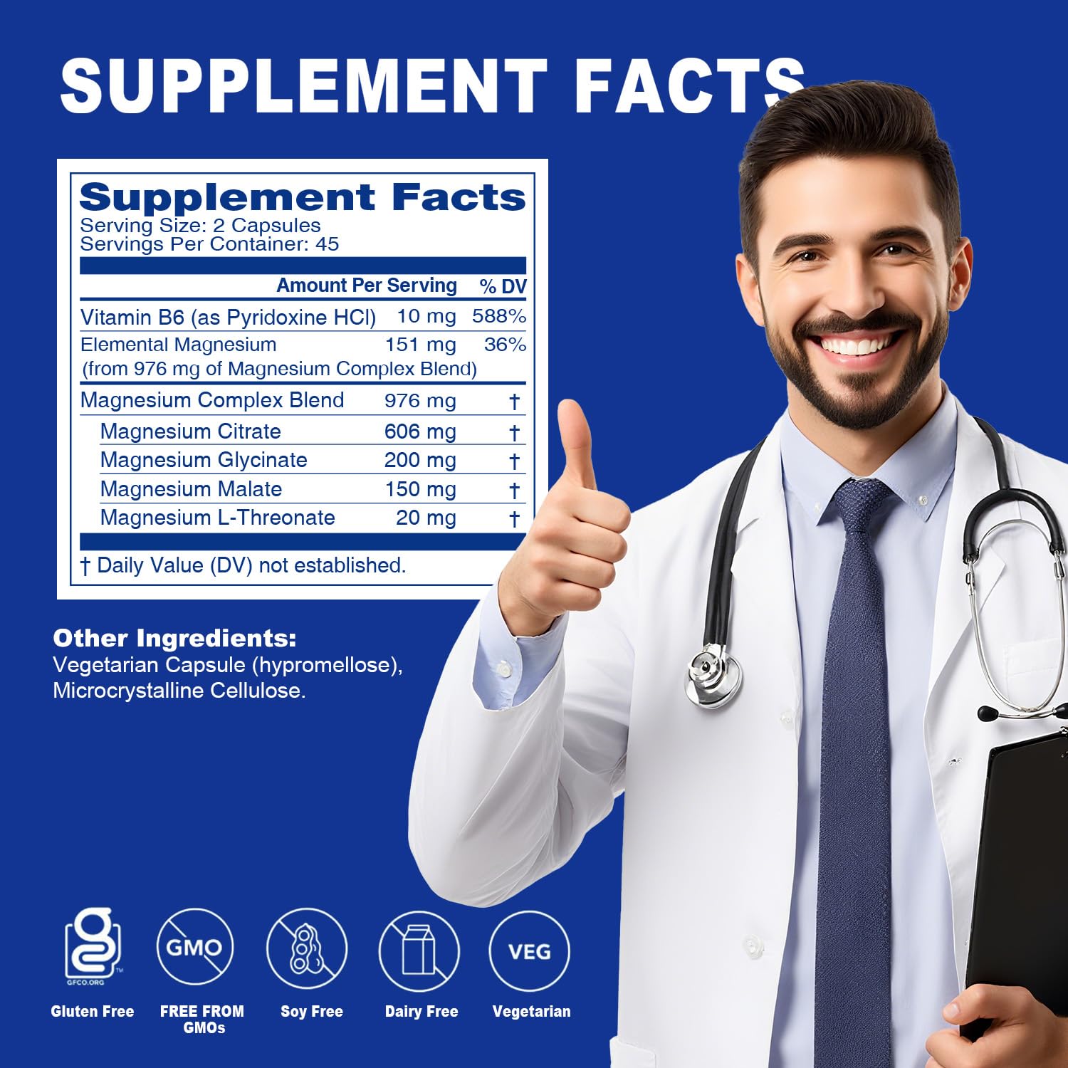 5 in 1 Magnesium Complex Capsule 976mg wtih Magnesium Glycinate, Citrate, Malate, L-Threonate & Vitamin B6, High Absorption Magnesium Complex for Women & Men, Third-Party Tested, Vegan, Non-GMO - Maple Wellness Supplements