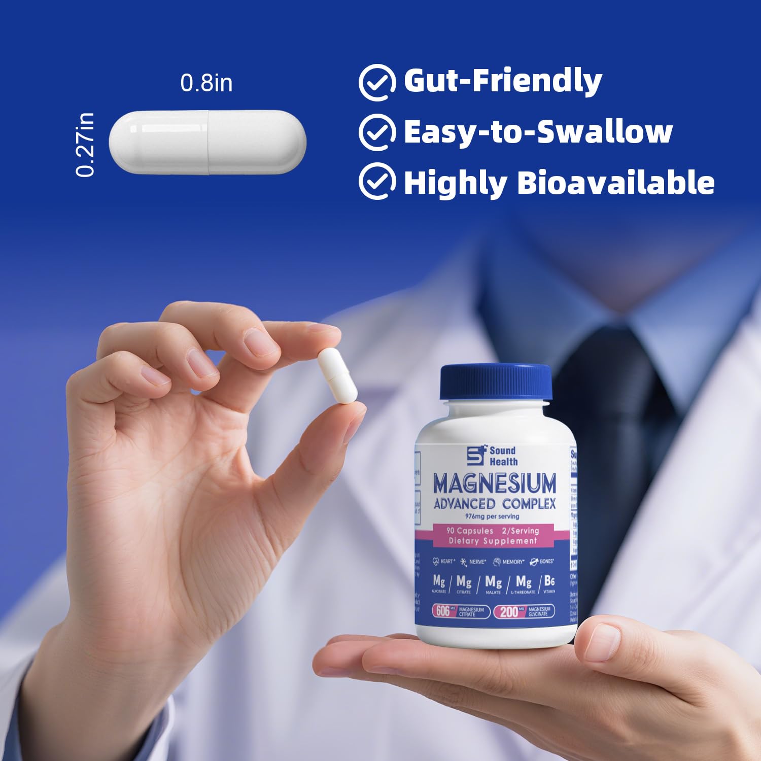 5 in 1 Magnesium Complex Capsule 976mg wtih Magnesium Glycinate, Citrate, Malate, L-Threonate & Vitamin B6, High Absorption Magnesium Complex for Women & Men, Third-Party Tested, Vegan, Non-GMO - Maple Wellness Supplements