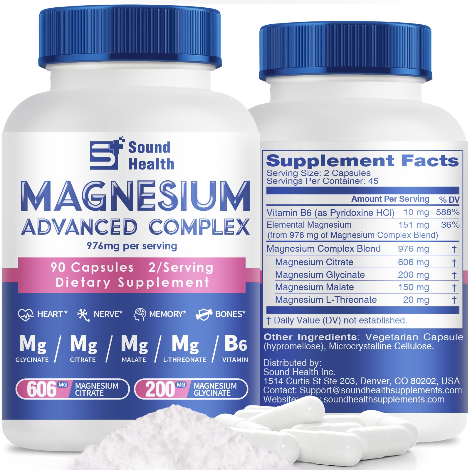 5 in 1 Magnesium Complex Capsule 976mg wtih Magnesium Glycinate, Citrate, Malate, L-Threonate & Vitamin B6, High Absorption Magnesium Complex for Women & Men, Third-Party Tested, Vegan, Non-GMO - Maple Wellness Supplements