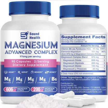5 in 1 Magnesium Complex Capsule 976mg wtih Magnesium Glycinate, Citrate, Malate, L-Threonate & Vitamin B6, High Absorption Magnesium Complex for Women & Men, Third-Party Tested, Vegan, Non-GMO - Maple Wellness Supplements