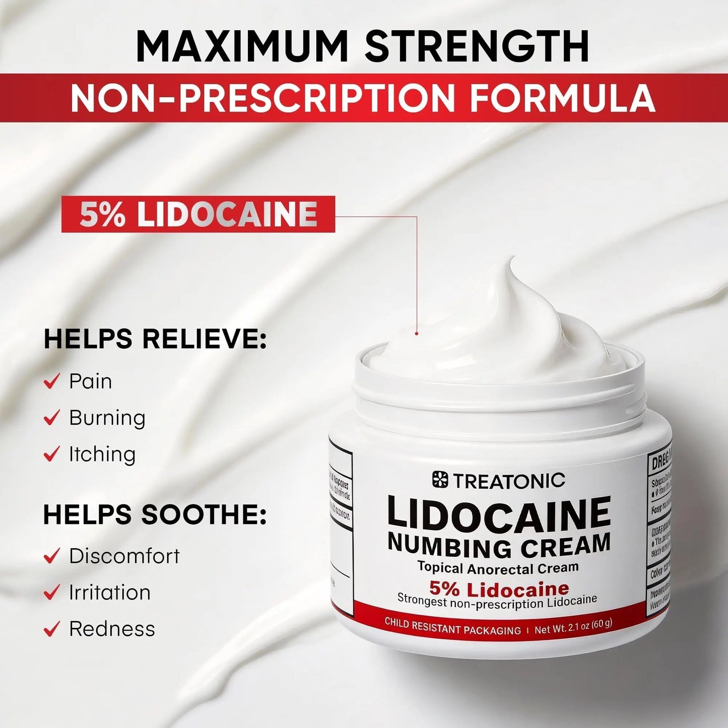 5% Lidocaine Topical Numbing Cream: Maximum Strength Topical Anesthetic Numb Cream for Pain Relief, Itching, Burning, Soreness, Hemorrhoid - Fast Acting & Long Lasting Numbing Formulation - 2.1 oz - Maple Wellness Supplements