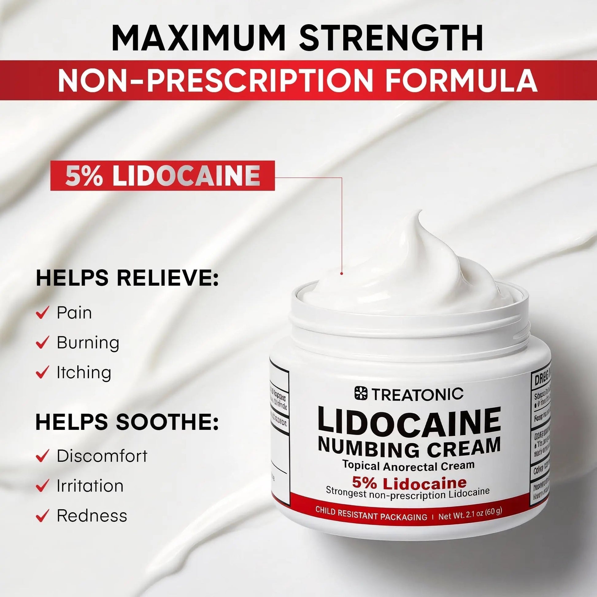 5% Lidocaine Topical Numbing Cream: Maximum Strength Topical Anesthetic Numb Cream for Pain Relief, Itching, Burning, Soreness, Hemorrhoid - Fast Acting & Long Lasting Numbing Formulation - 2.1 oz - Maple Wellness Supplements
