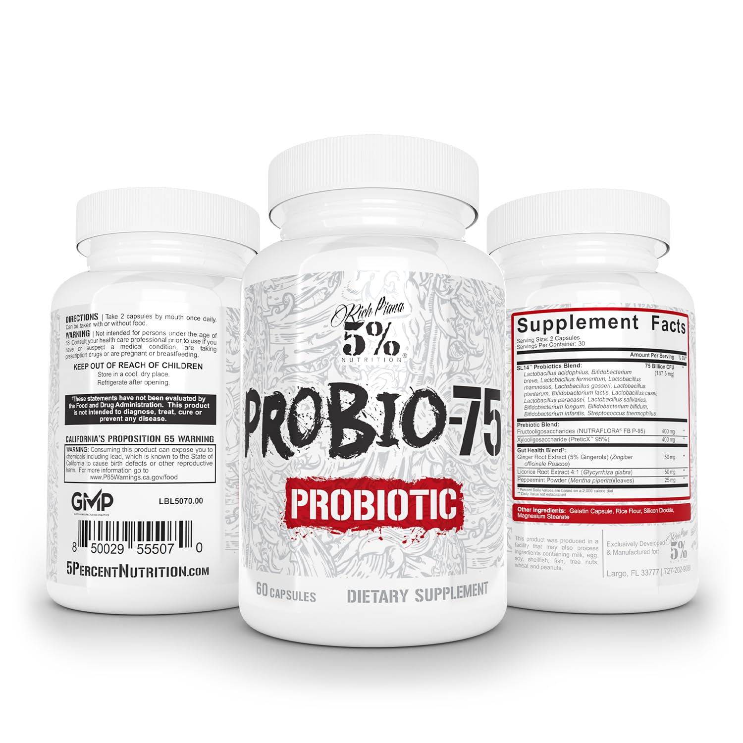 5% Nutrition Rich Piana Probio-75 Billion CFUs | Vegan, 14 Unique Strains - Maple Wellness Supplements
