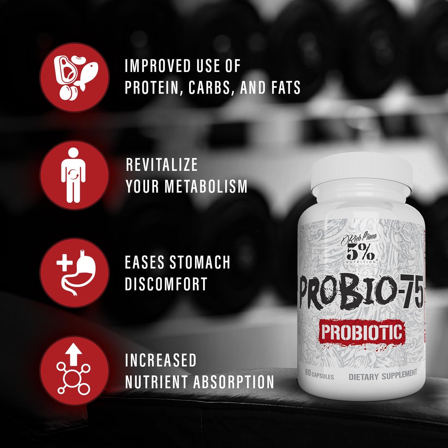 5% Nutrition Rich Piana Probio-75 Billion CFUs | Vegan, 14 Unique Strains - Maple Wellness Supplements