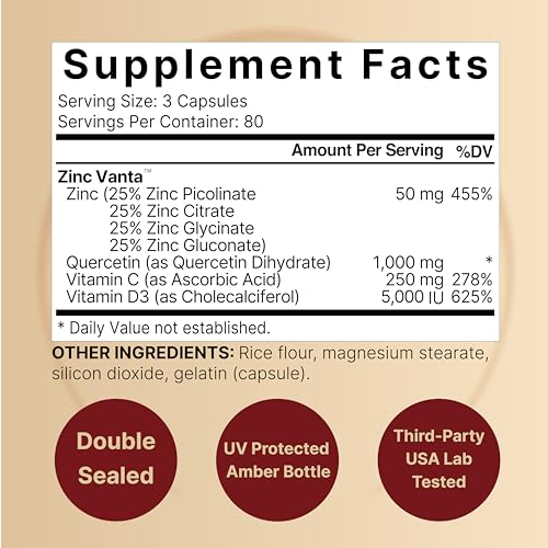 NatureBell Zinc Quercetin with Vitamin C & D3, 240 Capsules | Quercetin 1,000mg, 4 in 1 Zinc 50mg, Vitamin C 250mg, Vitamin D3 5,000 IU – ZincVanta Advanced Immune Defense & Lung Support NatureBellBuy Supplements Australia