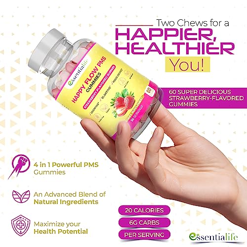 Happy Flow Strawberry-Flavor Chewable PMS Gummies | Hormone Balance Chasteberry EssentialifeBuy Supplements Australia
