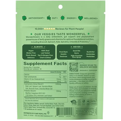 Plant People WonderGreens Veggie Gummies Super Greens with Probiotics Multivitamin Support Gummy for Wellbeing, Energy, Immune and Gut Health, Green Apple Flavor (60 Count) Plant PeopleBuy Supplements Australia