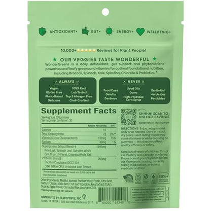 Plant People WonderGreens Veggie Gummies Super Greens with Probiotics Multivitamin Support Gummy for Wellbeing, Energy, Immune and Gut Health, Green Apple Flavor (60 Count) Plant PeopleBuy Supplements Australia