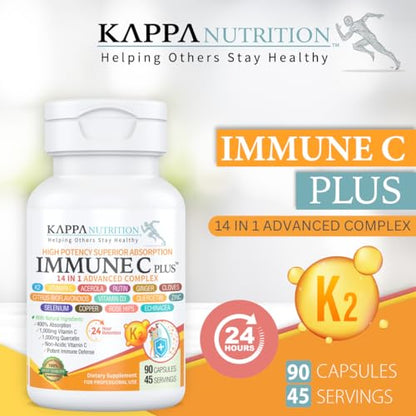 Quercetin 1,000mg, Vitamin C 1,000mg, Zinc 50mg, Vitamin D3 5,000iu, Selenium, Copper, Acerola, Ginger, Rutin, Bitter Orange, Rose Hips, Echinacea, Immune C Plus, 14 in 1 Immune C Plus (90 Count) KAPPA NUTRITIONBuy Supplements Australia