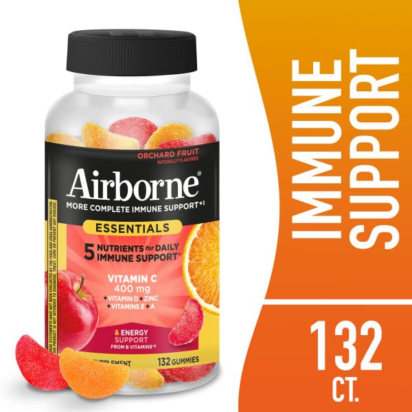 Airborne 400mg Vitamin C Gummies for Adults & Children, Immune Essentials Daily Immune Support Supplement with Vitamins C & E - Orchard Fruit Flavor, 132 Gummies (Pack of 2) AirborneBuy Supplements Australia