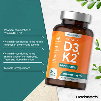 Vitamin D3 K2 High Strength Tablets | 365 Count | Vitamin D3 4000iu and Vitamin K2 MK7 HorbäachBuy Supplements Australia