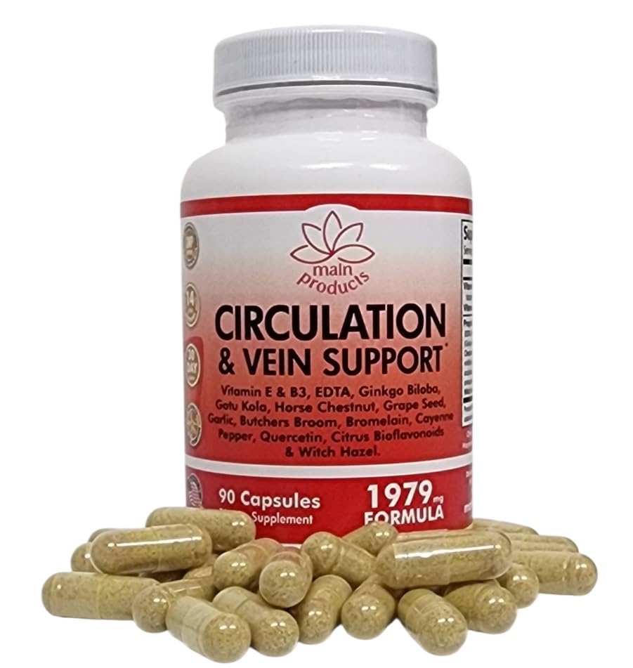Circulation & Vein Support Supplement - Vitamins E & B3, Ginkgo Biloba, Horse Chestnut, Gotu Kola, Grape Seed, Butcher's Broom & Citrus Bioflavonoids - 1979 mg Formula - 90 Capsules - 30 Days Supply. Main ProductsBuy Supplements Australia