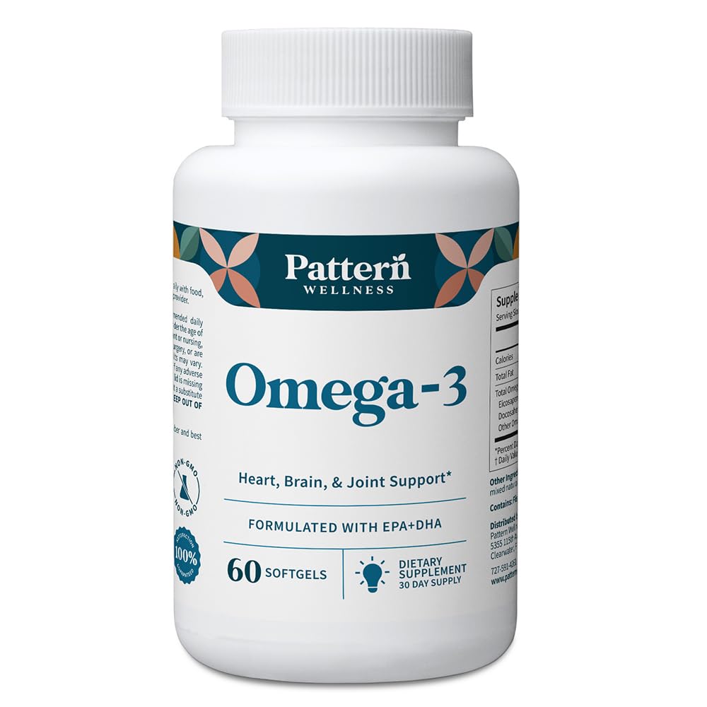 Pattern Wellness Omega 3 Softgels - Pure Fish Oil Formula - Helps Maintain Brain, Heart & Joint Health - 3rd Party Lab Tested - Non-GMO, Dairy-Free, Gluten-Free - 60 Softgels Pattern WellnessBuy Supplements Australia