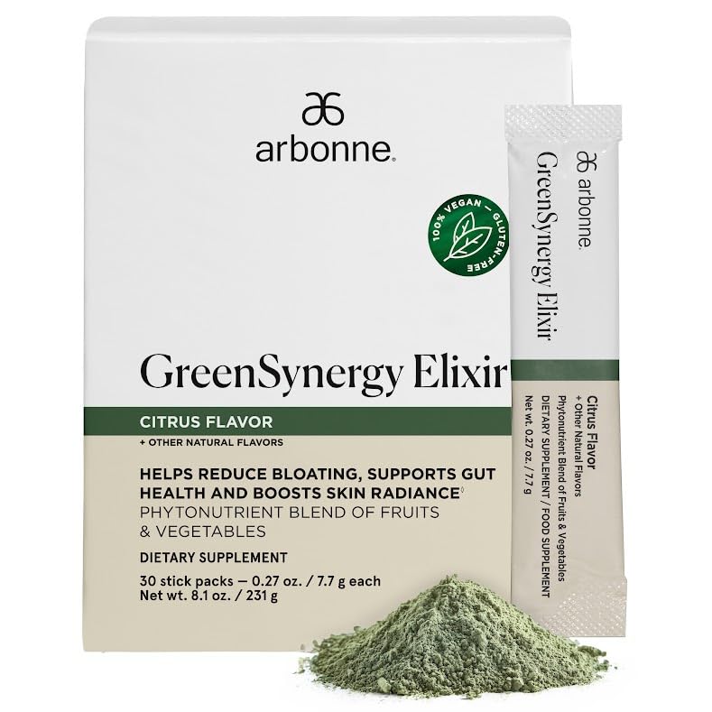 Arbonne GreenSynergy Elixir – Citrus-Flavored Greens Powder with 13 Digestive Enzymes, Vegan Collagen Builder, Probiotics, and Prebiotics – Supports Gut Health and Digestion – 30 Stick Packs ArbonneBuy Supplements Australia