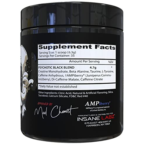 Insane Labz Psychotic Black Edition Mid Stimulant Pre Workout Powder, Energy Focus Insane LabzBuy Supplements Australia