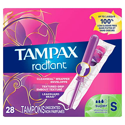 Tampax Radiant Tampons, Super Absorbency, With Leakguard Braid, Unscented, 28 Count TampaxBuy Supplements Australia