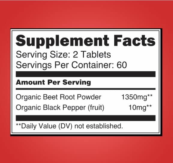 Organic Beet Root Powder 1350mg with Black Pepper-Nitric Oxide Booster, Digestive System, Athletic Performance-120 Tablets,675mg of Organic Beet Powder per Tablet