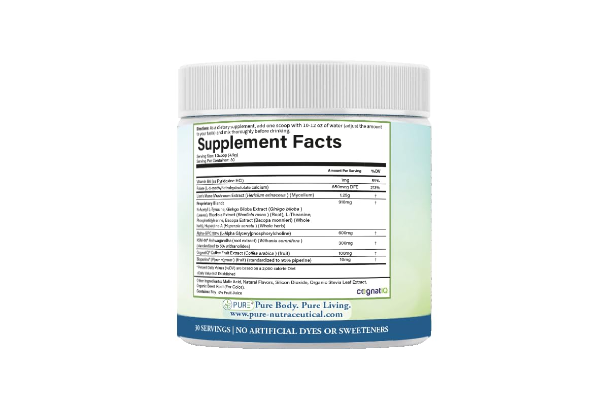 PURE® Healthy Brain Nootropic Powder - 30 Servings - 1.25g Lion’s Mane, 600mg Alpha-GPC & KSM-66® Ashwagandha - Cognitive Support for Memory, Focus & Stress Relief - 147 Grams, Strawberry Flavor! PUREBuy Supplements Australia