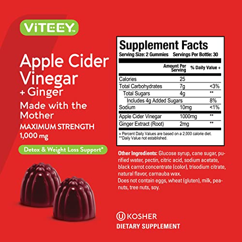 Apple Cider Vinegar Gummies 1,000mg Plus Ginger, ACV with The Mother, Detox Cleanse ViteeyBuy Supplements Australia