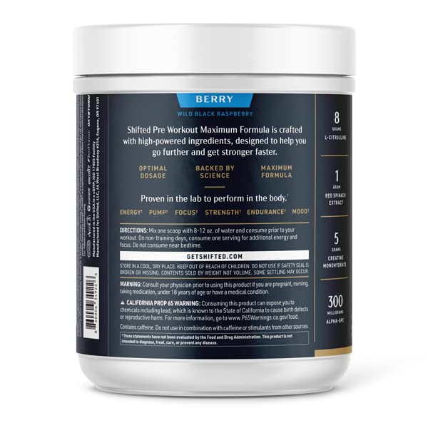 SHIFTED Maximum Pre Workout Powder, Energy & Focus Supplement with Creatine Monohydrate, Beta Alanine, Caffeine, Electrolytes, Pre-Workout Drink Mix, Muscle Pump/Growth Support, Berry, 20 Servings