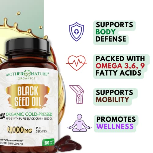 Organic Black Seed Oil Capsules - 3 Month Supply - 180 Count (2000mg Per Serving) Mother Nature Organics Superfoods for Organic LivingBuy Supplements Australia