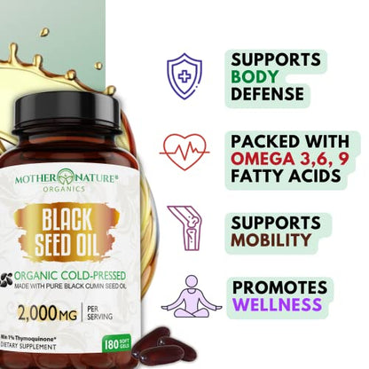 Organic Black Seed Oil Capsules - 3 Month Supply - 180 Count (2000mg Per Serving) Mother Nature Organics Superfoods for Organic LivingBuy Supplements Australia