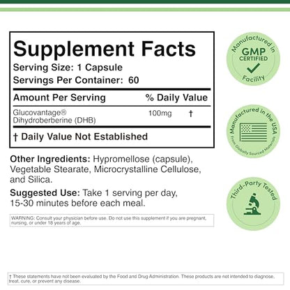 Dihydroberberine Supplement 100mg, 60 Capsules (Patented GlucoVantage Super