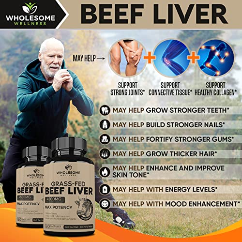 Grass Fed Desiccated Beef Liver Capsules (180 Pills, 750mg Each) - Natural Iron, Vitamin A Wholesome WellnessBuy Supplements Australia