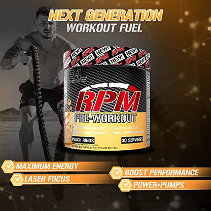 Pre Workout Powder for Energy and Focus - EVL RPM Energy Pre Workout Energy Drink Powder with Betaine Alanine Caffeine and Theacrine - Preworkout Powder Drink for Amplified Performance (Peach Rings)