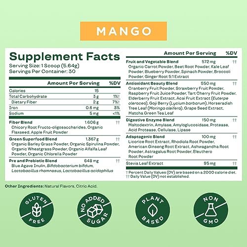 Bloom Nutrition Super Greens Powder Smoothie & Juice Mix (Mango)