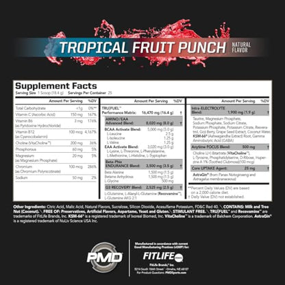 PMD Sports Core Fuel Endurance, Performance & Recovery - BCAAs, EAAs, Beta Alanine, Betaine Anhydrous, Glutamine, Electrolytes - Muscle Growth, Strength - Stim Free, Tropical Fruit Punch (25 Servings)