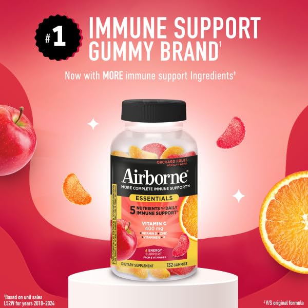 Airborne 400mg Vitamin C Gummies for Adults & Children, Immune Essentials Daily Immune Support Supplement with Vitamins C & E - Orchard Fruit Flavor, 132 Gummies (Pack of 2) AirborneBuy Supplements Australia