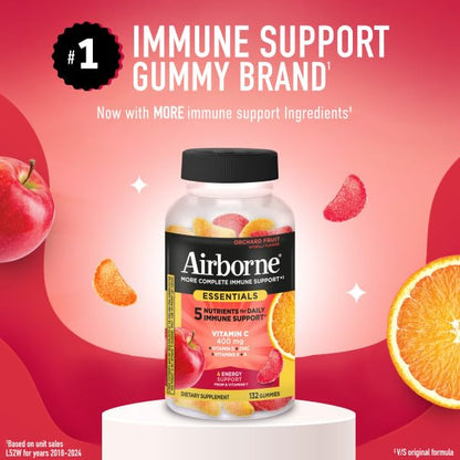 Airborne 400mg Vitamin C Gummies for Adults & Children, Immune Essentials Daily Immune Support Supplement with Vitamins C & E - Orchard Fruit Flavor, 132 Gummies (Pack of 2) AirborneBuy Supplements Australia