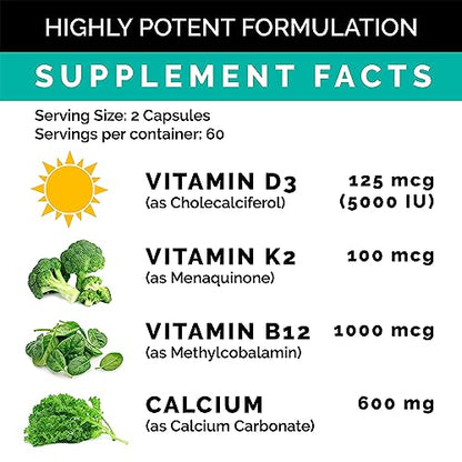 Calcium 600mg, Vitamin D3 K2 B12 Supplement - For Heart, Bone & Immune Support PrimeMDBuy Supplements Australia