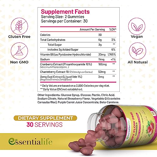 Happy Flow Strawberry-Flavor Chewable PMS Gummies | Hormone Balance Chasteberry EssentialifeBuy Supplements Australia