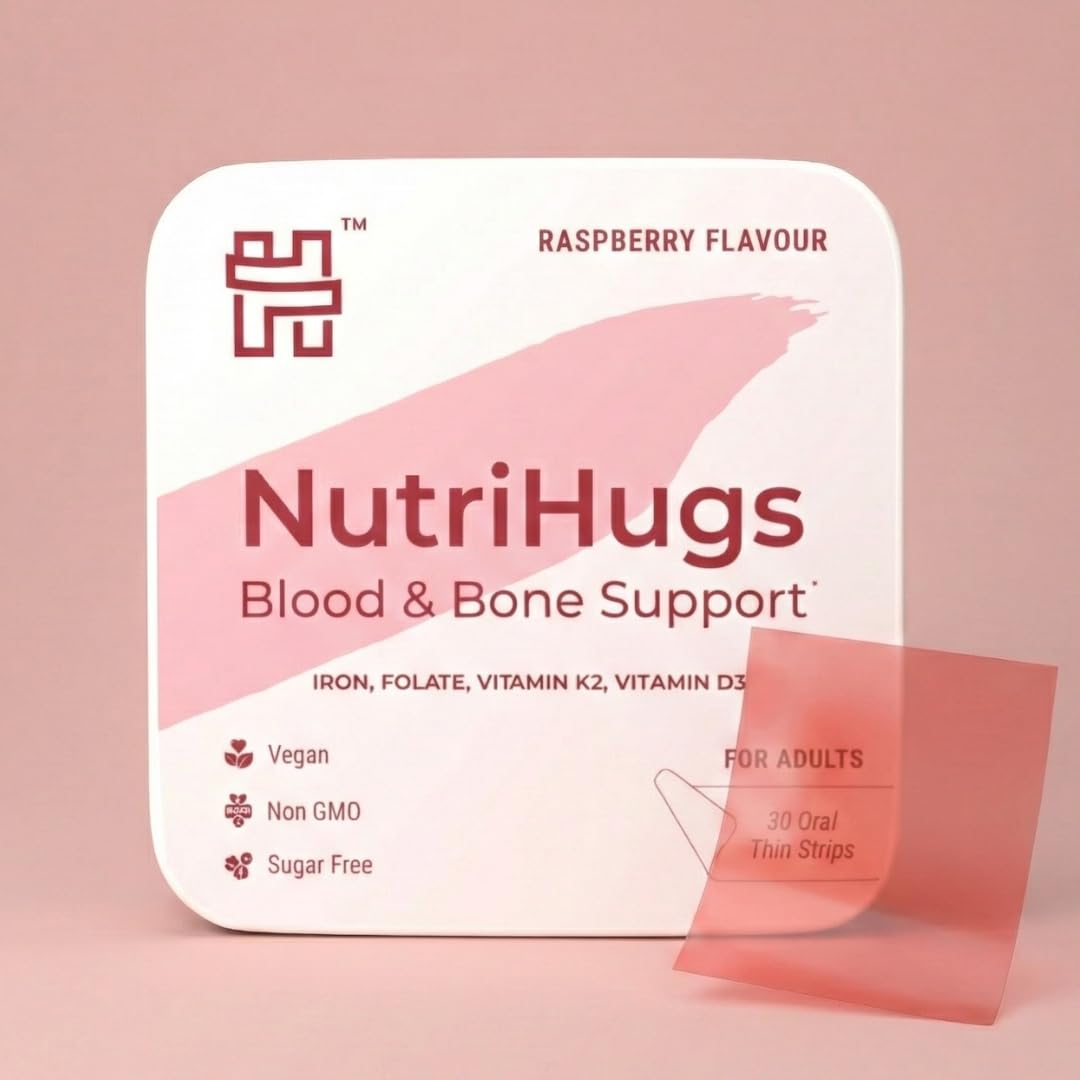 MedHugs NutriHugs Blood and Bone Support - Iron, Folate, Vitamin D3 and K2 - Fast-Dissolving Oral Thin Film Strips - Non-Constipating Iron - Vegan, Sugar-Free, Non-GMO - 30 Strips MedHugsBuy Supplements Australia